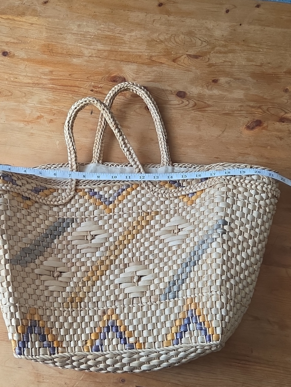 Woven Straw Tote Bag Blue Mustard Geometric Beach Vintage Style - Picture 7 of 14